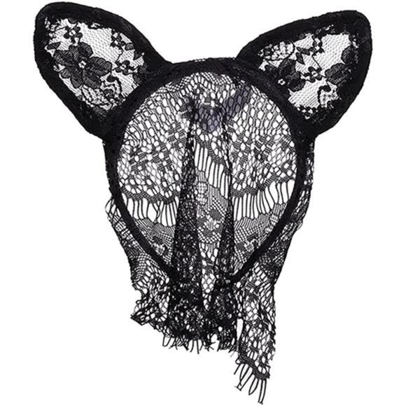 YERTTER Sexy Cat Ear Black Lace Halloween Headband with Veil Mask Headpieces main image 4